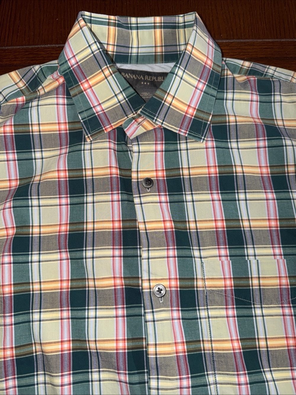 Banana Republic Green, Cream & Red Plaid Button-Down Shirt